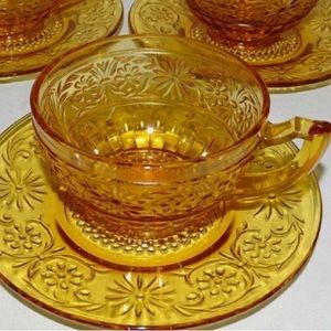 ✨⚡️💥 8 Pcs VTG Indiana Glass Amber Daisy Cup &Saucer Sets, Teacups, Coffee Cups
